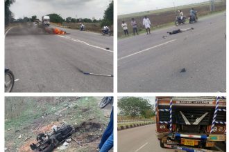 ಲಾರಿ ಬೈಕ್ ನಡುವೆ ಭೀಕರ ಅಪಘಾತ ಎರಡು ತುಂಡಾದ ಬೈಕ್ : ಸವಾರ ಸಾವು..