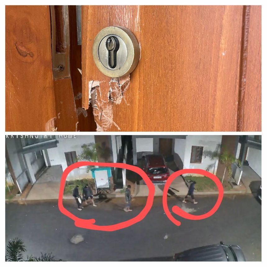 ಮನೆ ಬಾಗಿಲು ಹೊಡೆದು ಒಳನುಗ್ಗಿದ ಕಳ್ಳರ ವೀಡಿಯೋ ಸೆರೆ : ಮನೆಯಲ್ಲಿ ಸಾಮಗ್ರಿ ಚೆಲ್ಲಾ ಪಿಲ್ಲಿ